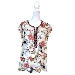 DR2 by Daniel Rainn - White Floral Print V Neck Blouse Size LG
